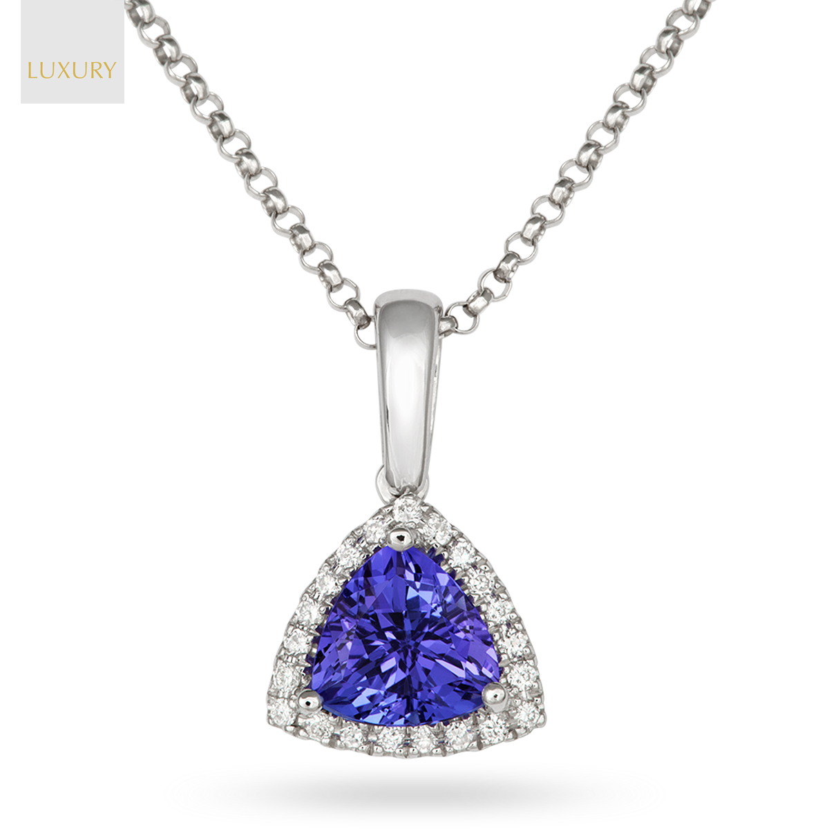 18ct White Gold Tanzanite & Diamond Trilliant Halo Pendant
