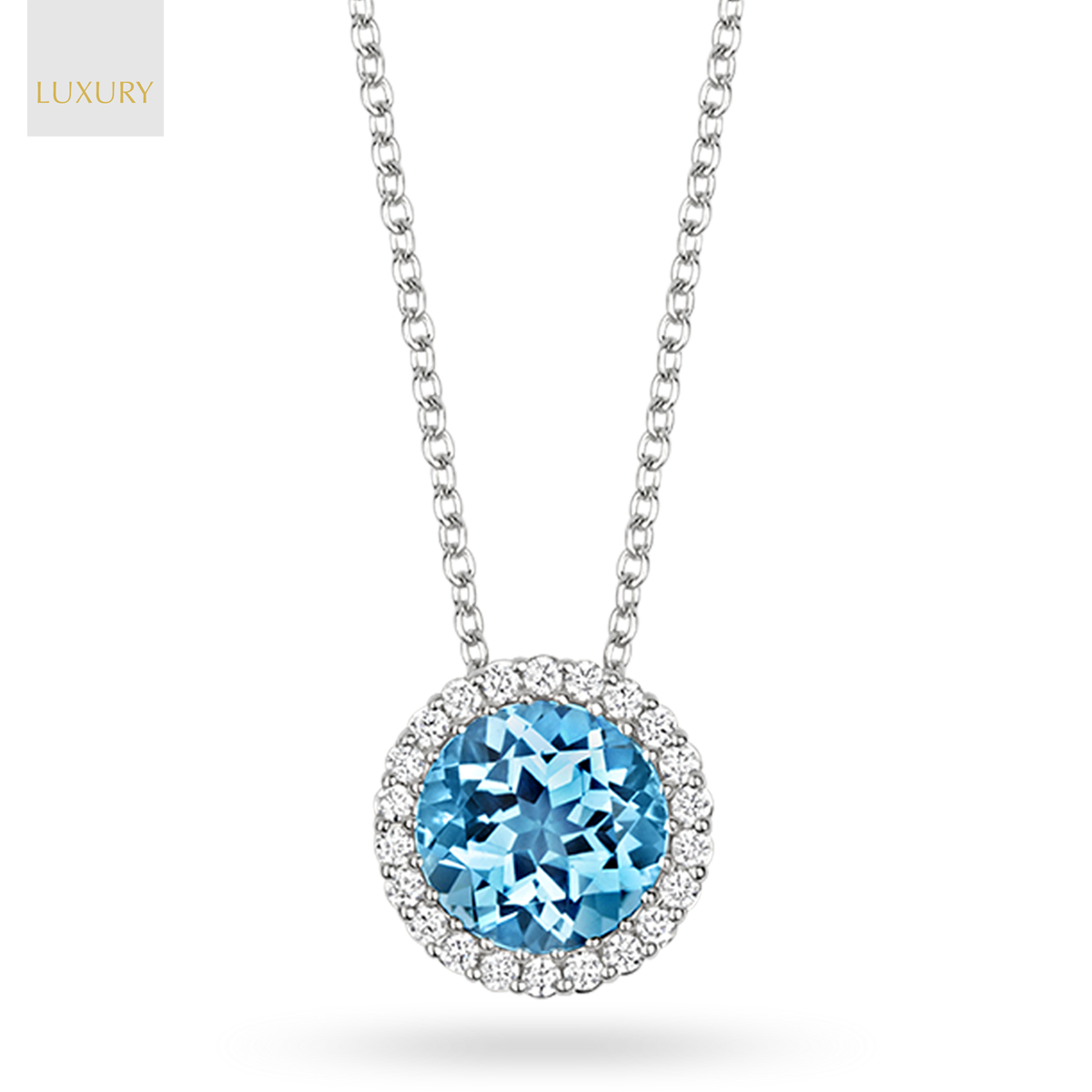 18ct White Gold Blue Topaz & Diamond Round Halo Pendant