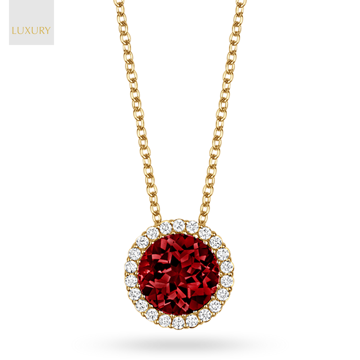 18ct Yellow Gold Garnet & Diamond Round Halo Pendant