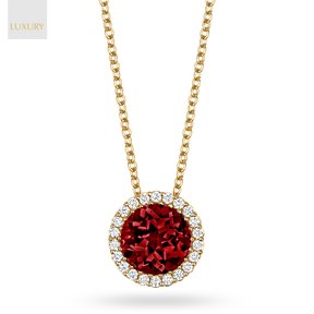 18ct Yellow Gold Garnet & Diamond Round Halo Pendant