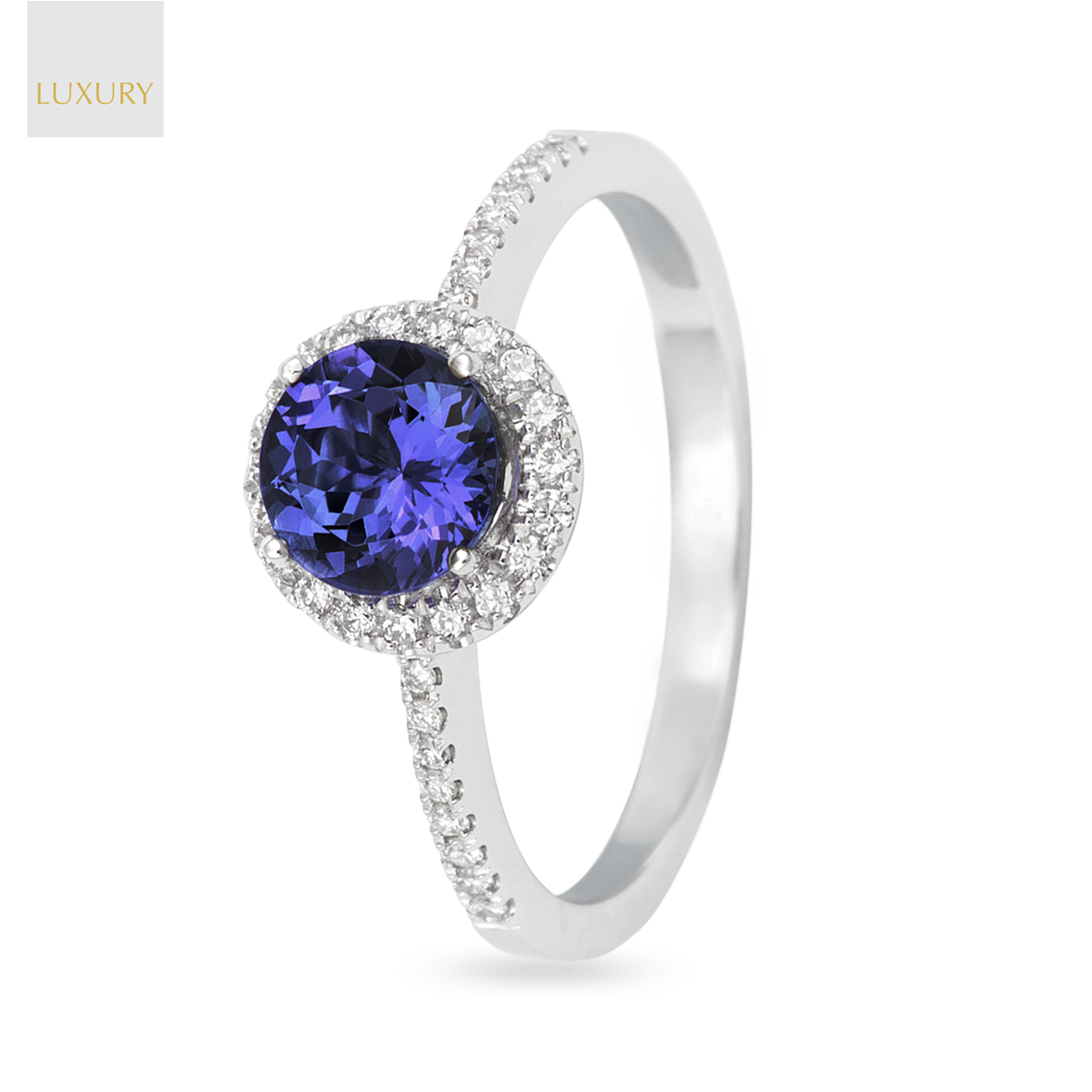 18ct White Gold Tanzanite & Diamond Round Halo With Shoulders Ring