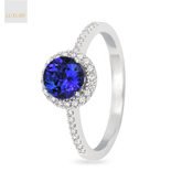 18ct White Gold Tanzanite & Diamond Round Halo With Shoulders Ring