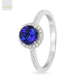 18ct White Gold Tanzanite & Diamond Round Halo With Shoulders Ring