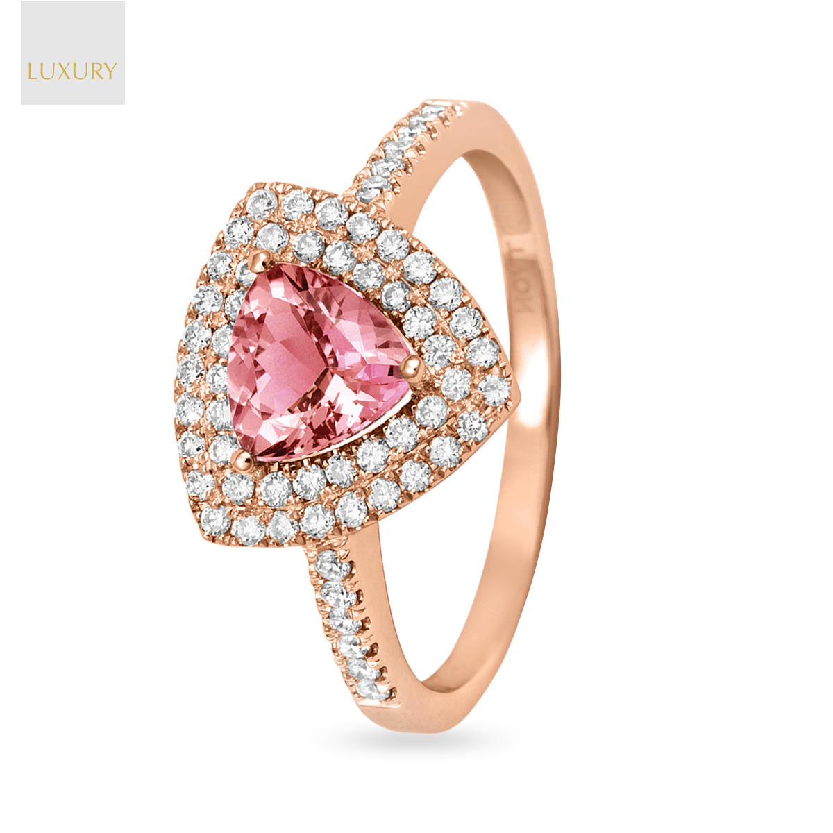 18ct Rose Gold Morganite & Diamond Double Halo With Shoulders Ring