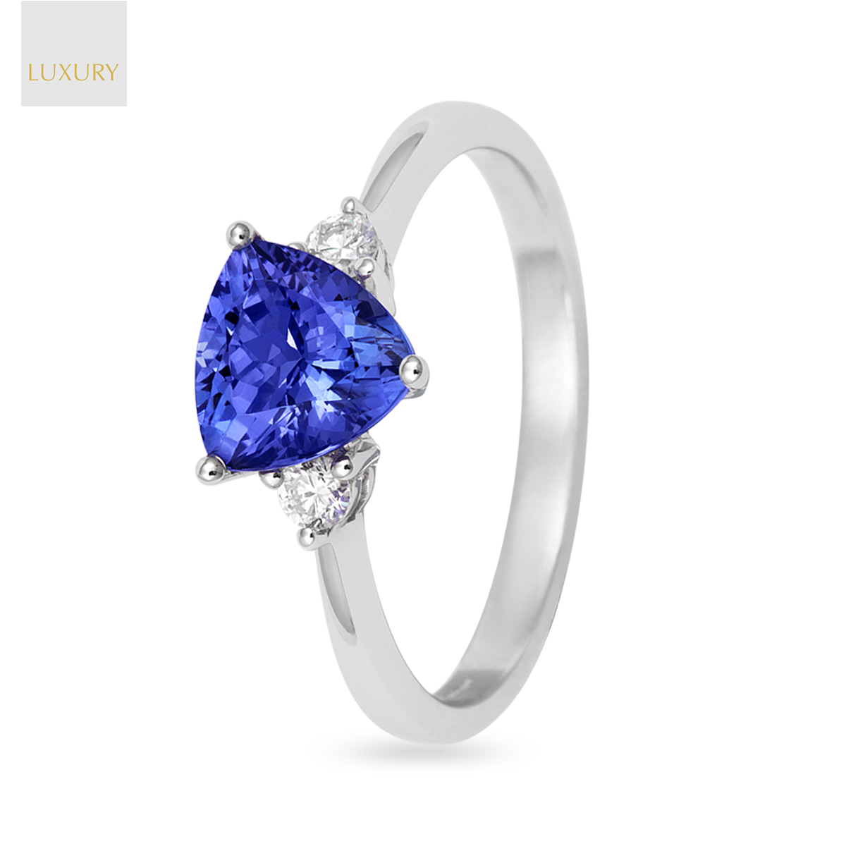 18ct White Gold Trilliant Cut Tanzanite & Diamond Trilogy Ring