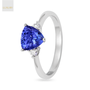 18ct White Gold Trilliant Cut Tanzanite & Diamond Trilogy Ring