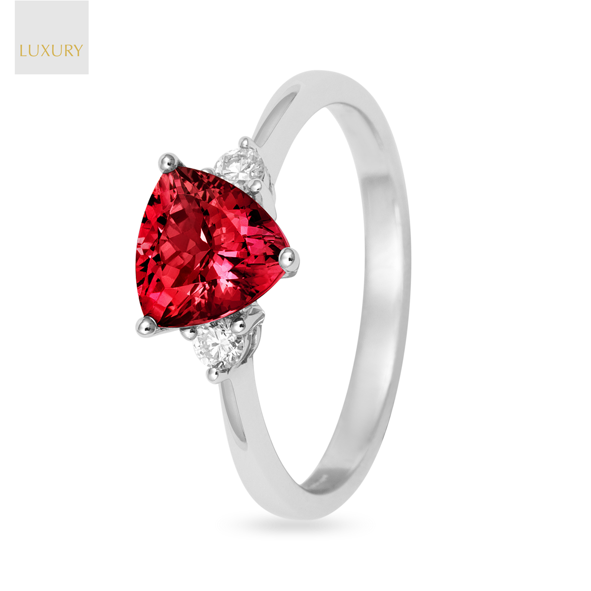 18ct White Gold Rubellite Tourmaline & Diamond Trilogy Ring