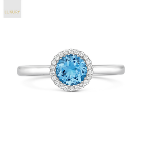 18ct White Gold Blue Topaz & Diamond Round Halo Ring