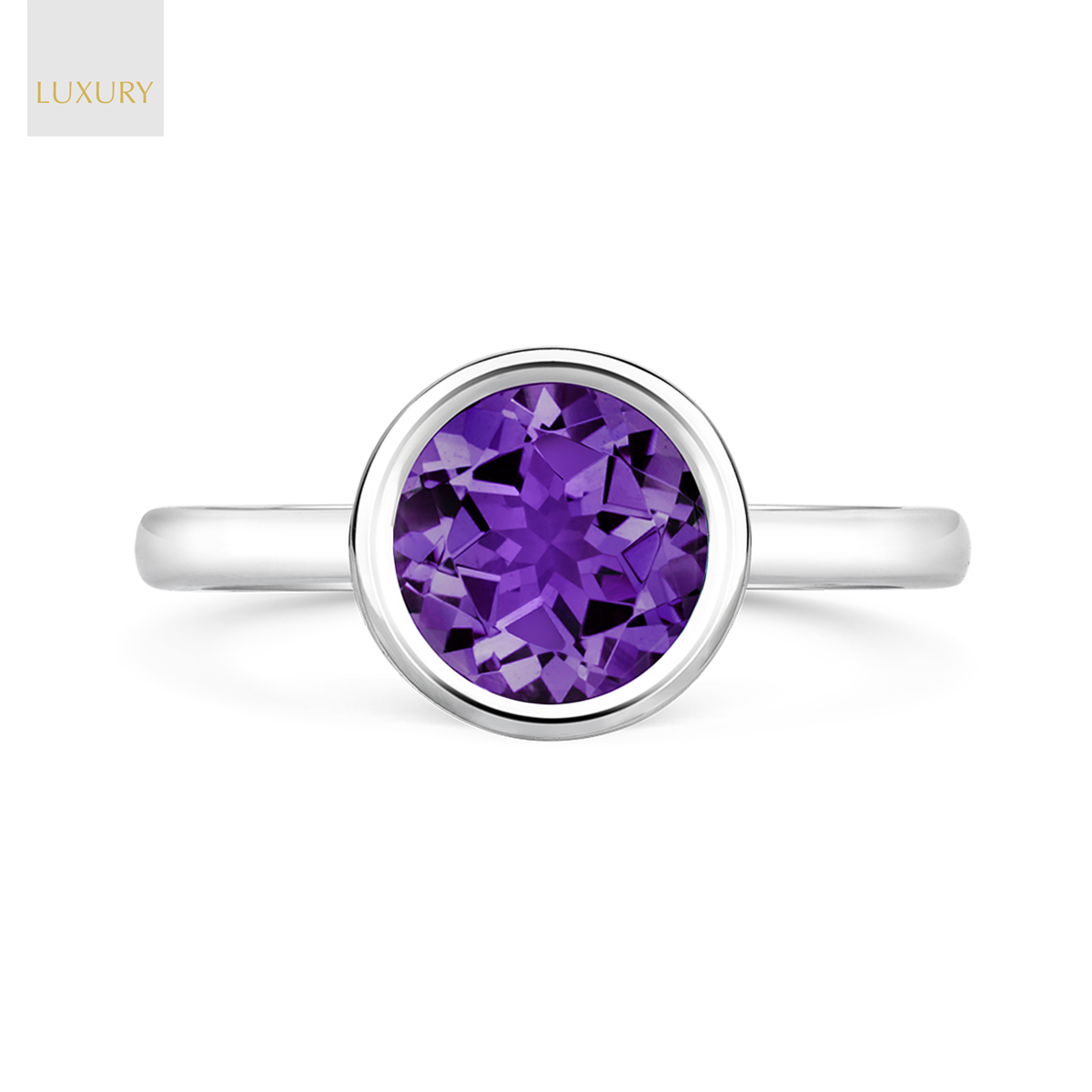 18ct White Gold Amethyst Bezel Set Solitaire Ring