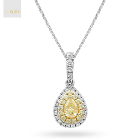 18ct Yellow & White Gold Pear Shaped Fancy Yellow Diamond Double Halo Pendant & Chain