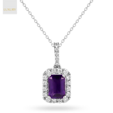 18ct White Gold Octagonal Amethyst & Diamond Halo Pendant & Chain