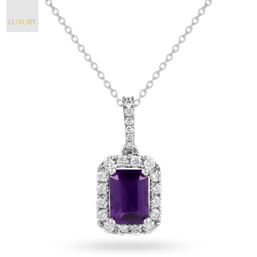 18ct White Gold Octagonal Amethyst & Diamond Halo Pendant & Chain