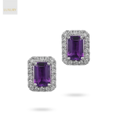 18ct White Gold Octagonal Amethyst & Diamond Halo Stud Earrings