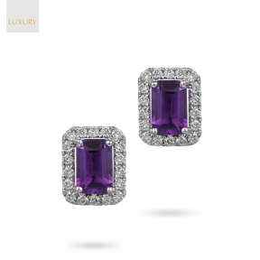 18ct White Gold Octagonal Amethyst & Diamond Halo Stud Earrings